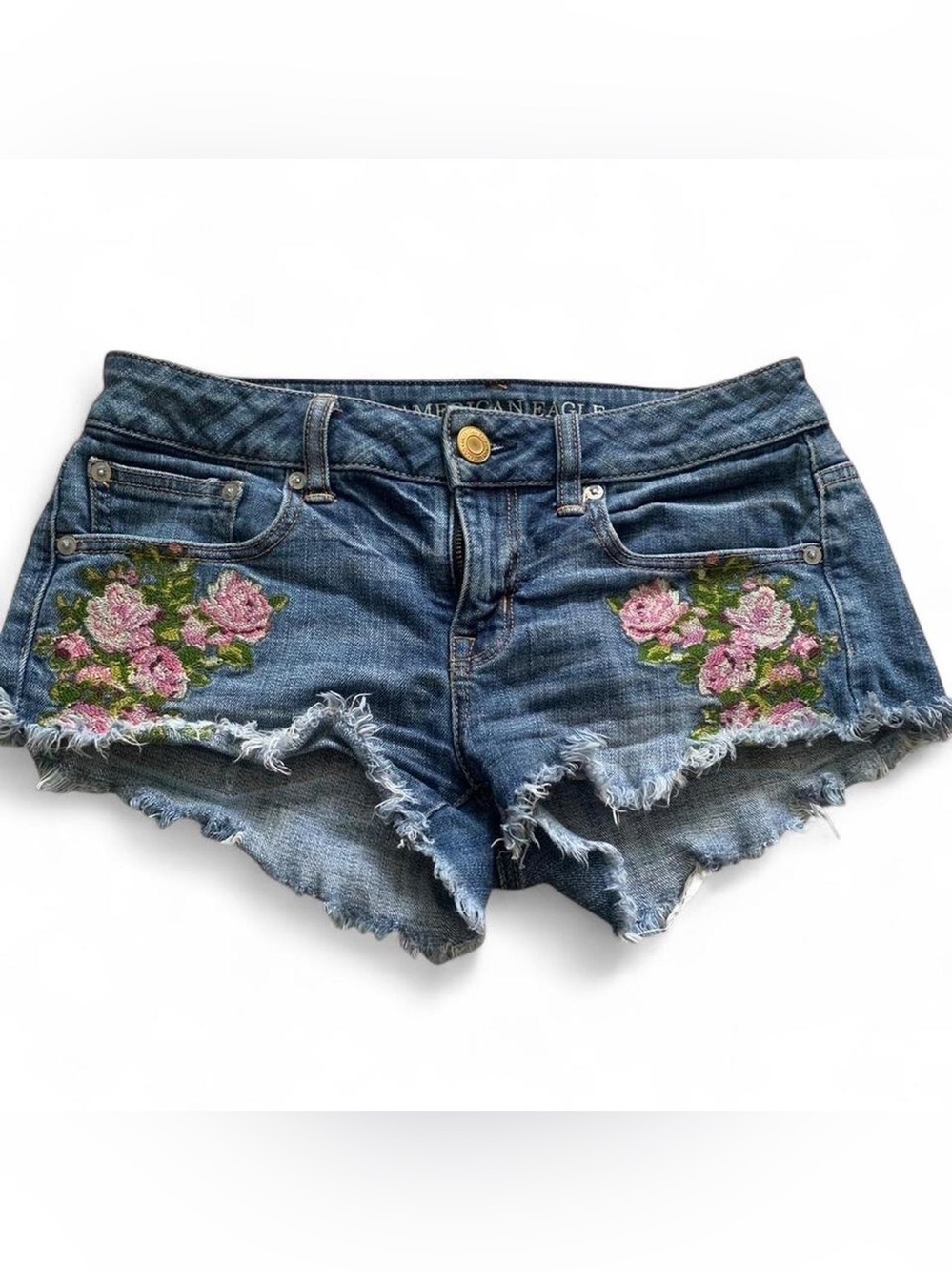 American Eagle Outfitters Blue Denim Cutoff Shorts with Pink Floral Embroidery